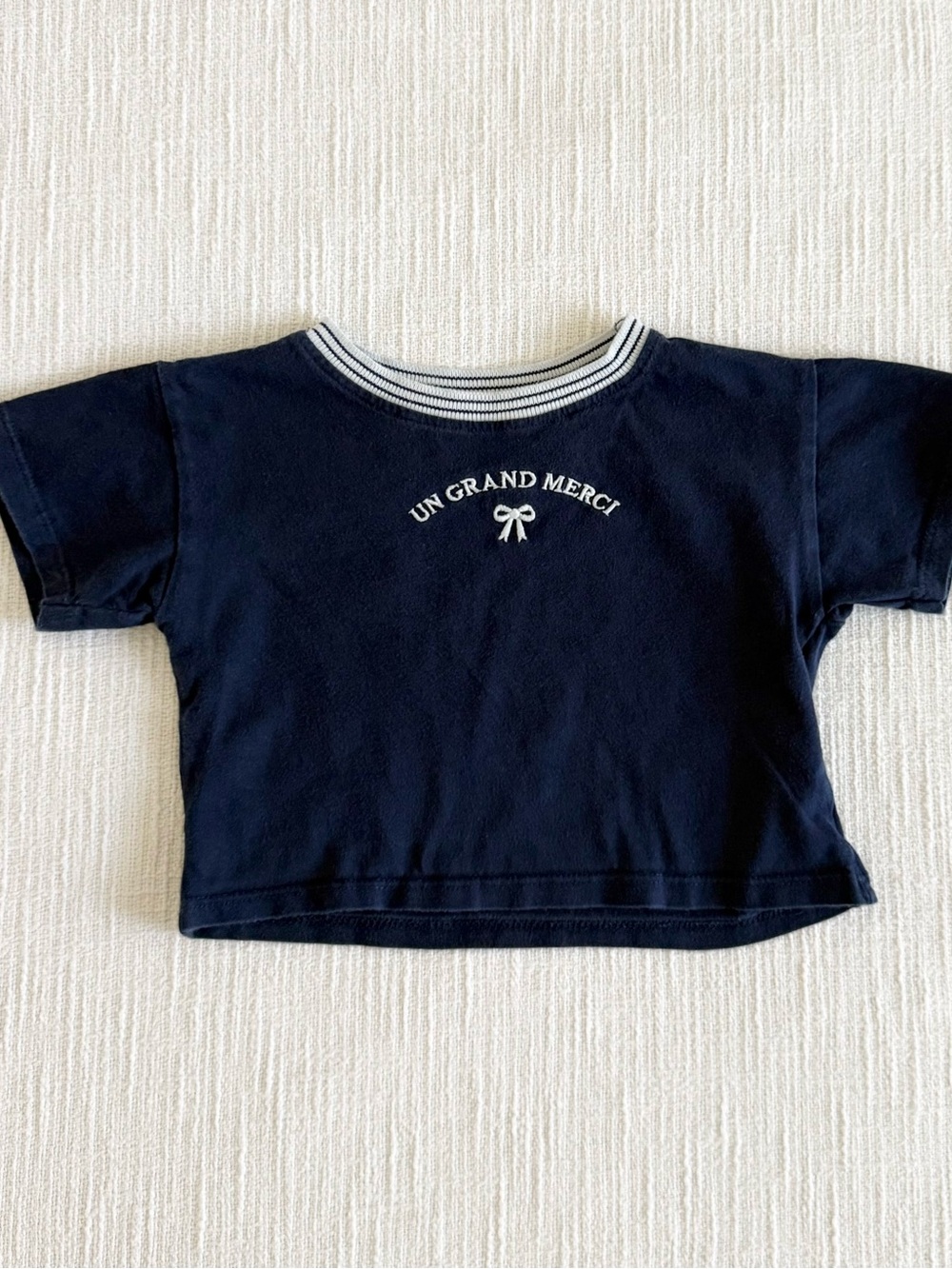 Zara Navy Short-Sleeve Tee with Striped Crew Neck